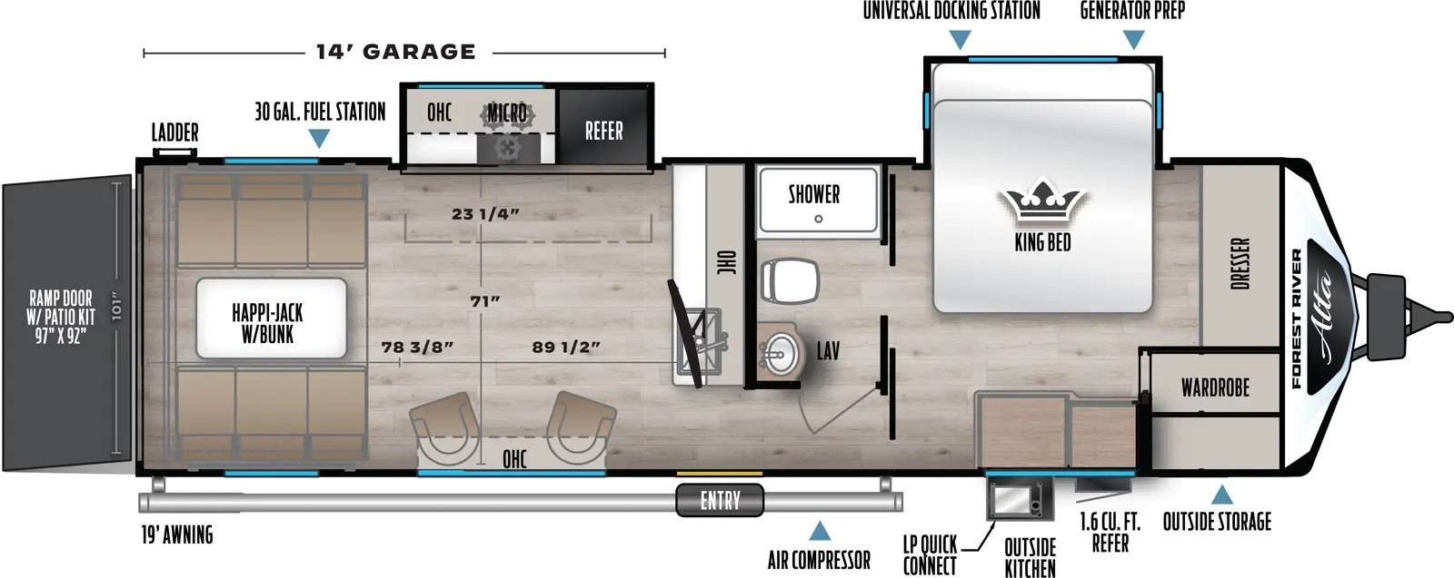 The Alta 2870KTH floorplan is a toy hauler that has one entry and two slide outs. Exterior features include: fiberglass exterior, 19' & 8' awning and outside kitchen. Interiors features include: front bedroom.